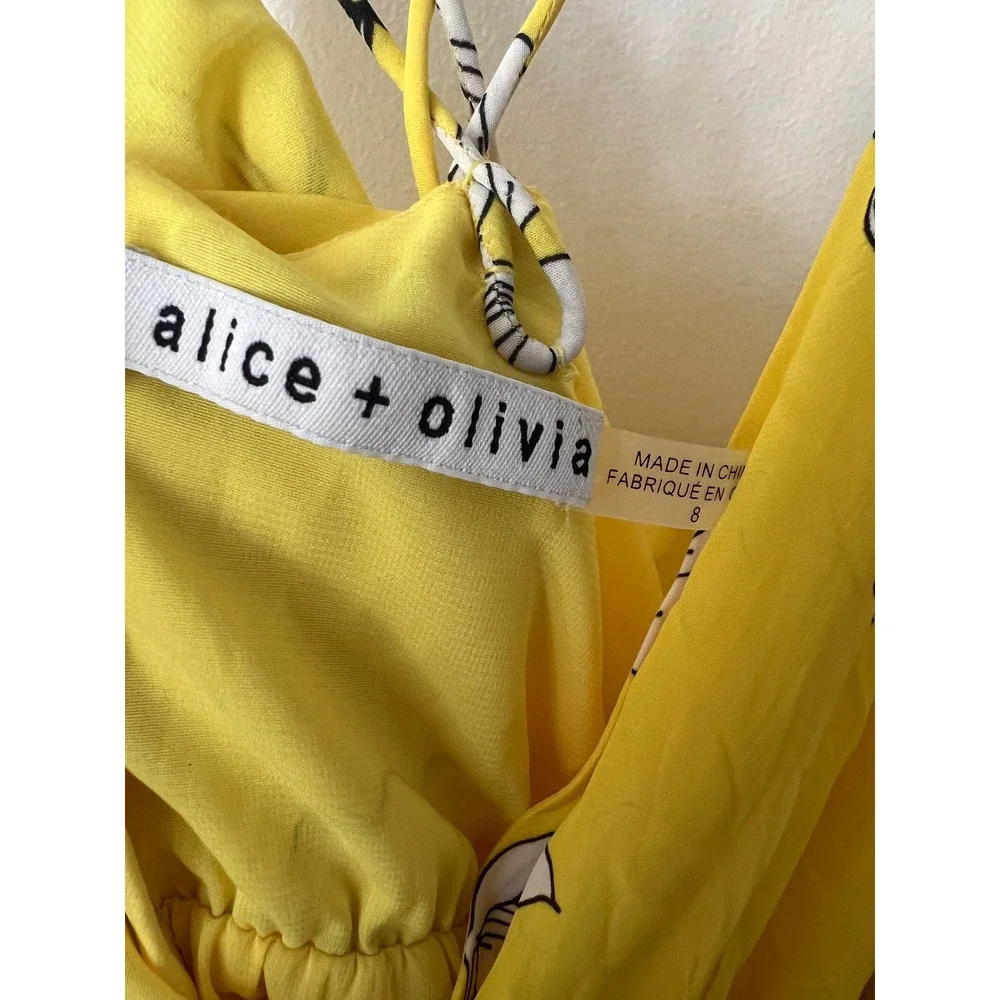 Alice + Olivia Yellow Floral Wrap Mini Dress Strappy V-Neck Size 8 Cocktail - Picture 5 of 8